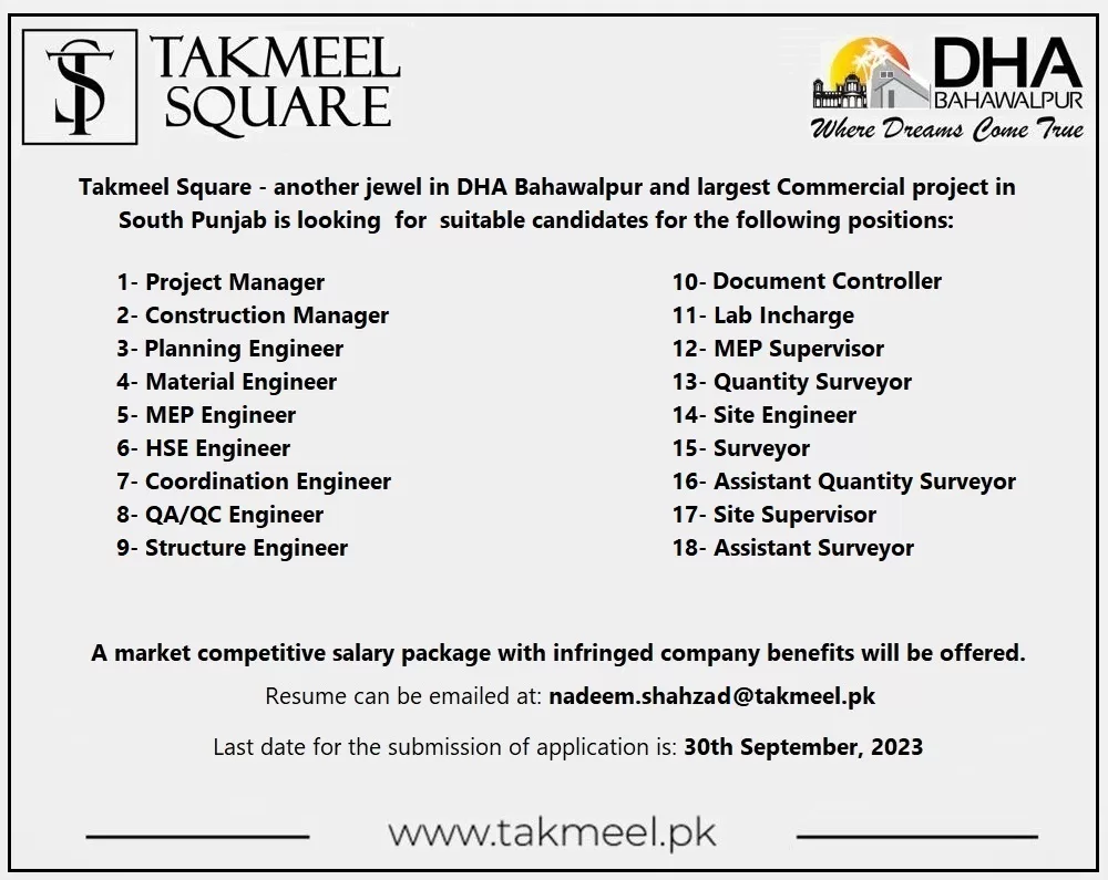 Takmeel-Square-Pvt-Limited-Bahawalpur-Jobs-22-Septe-2023